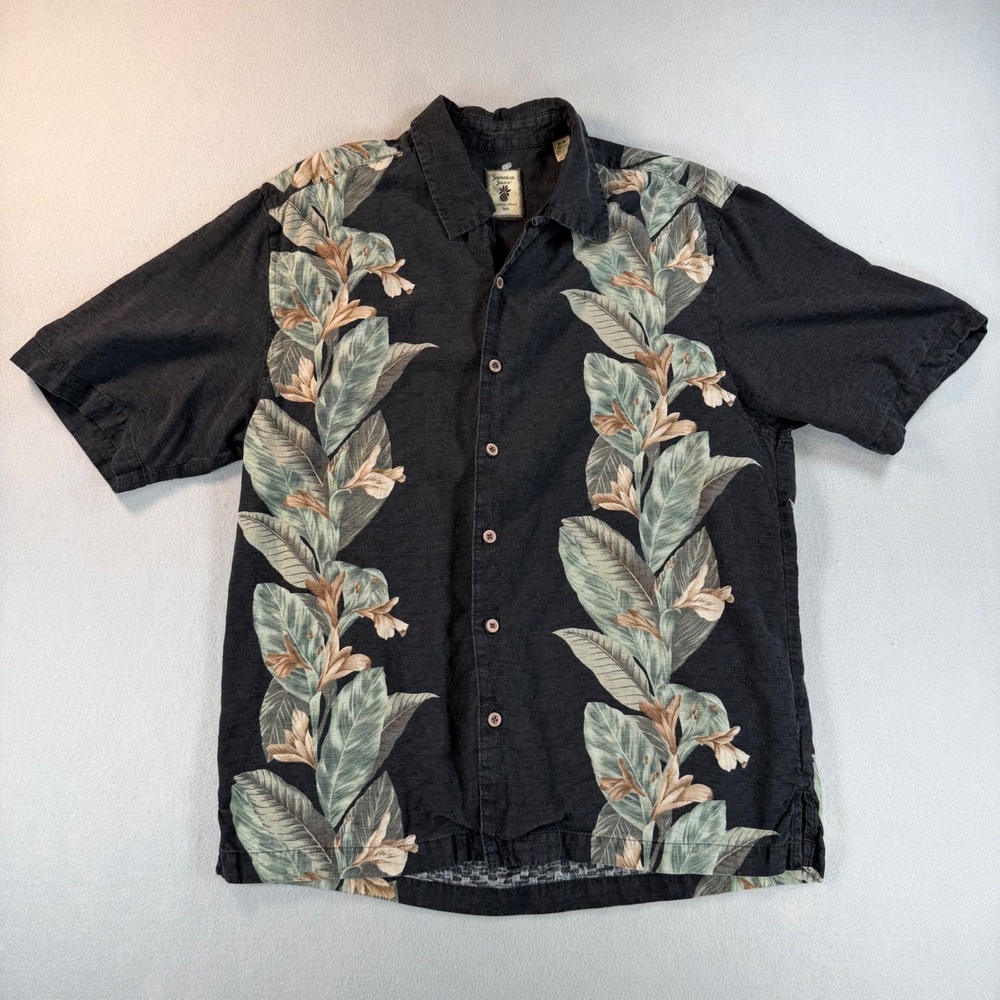 Jamaica Jaxx Mens Black 100% Silk Tropical Floral Button Up Camp Shirt Medium